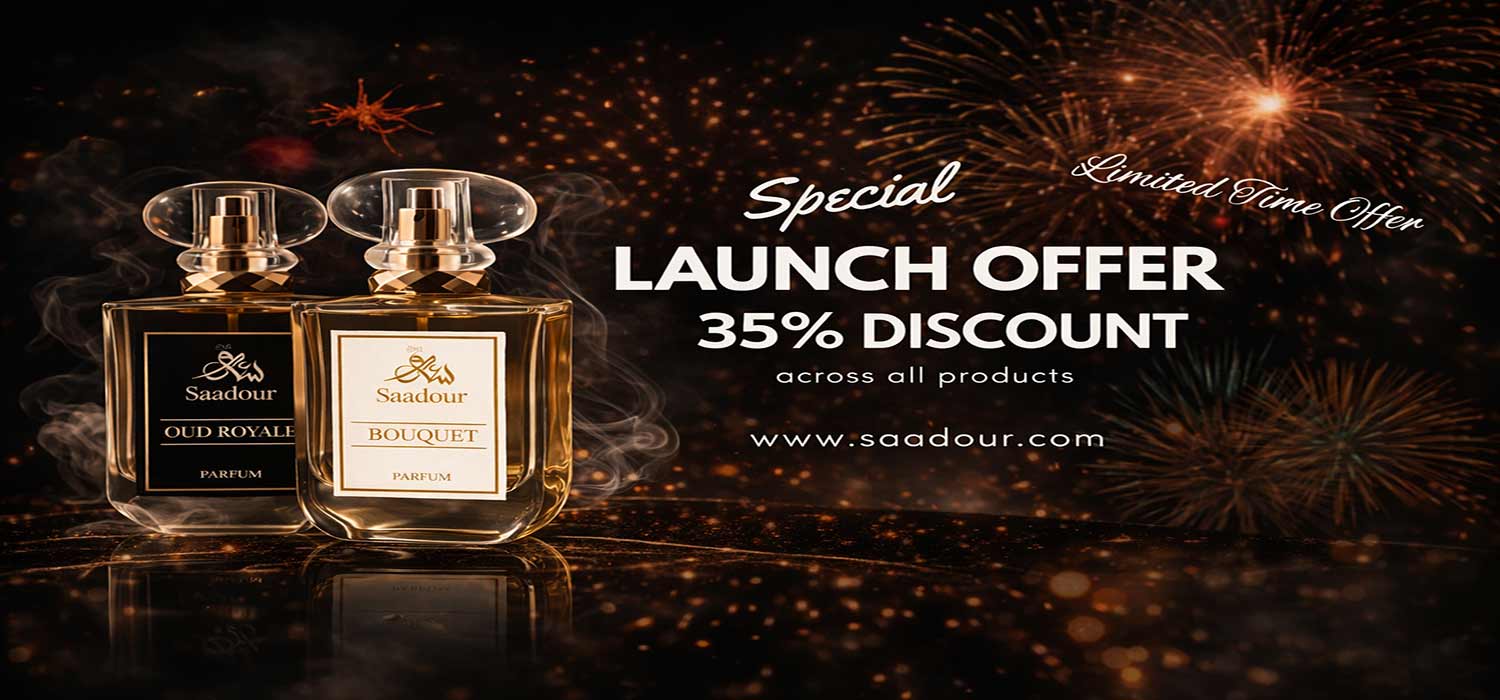 Luxury Saadour perfume launch banner featuring Oud Royale and Bouquet parfum bottles with a special 35% discount offer on a dark festive background