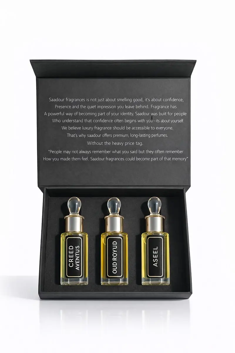 “Luxury Attar Box with three premium attar bottles in an elegant gift box”